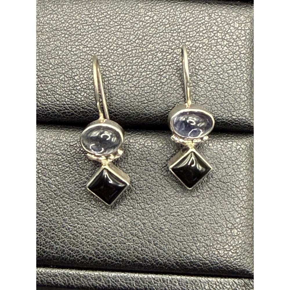 Vintage Sterling Silver Moonstone Onyx Dangle Earrings 925 J19